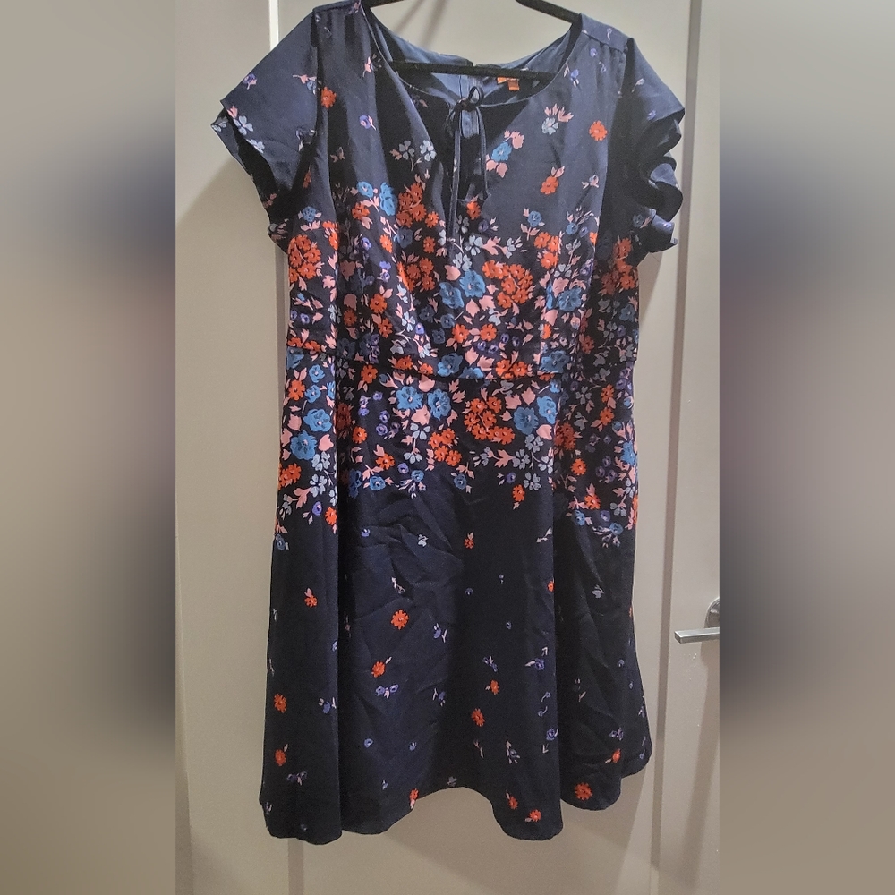 ModCloth Women’s Fit & Flare Dress Floral Keyhole Ruffle Sleeve Blue Size 2X